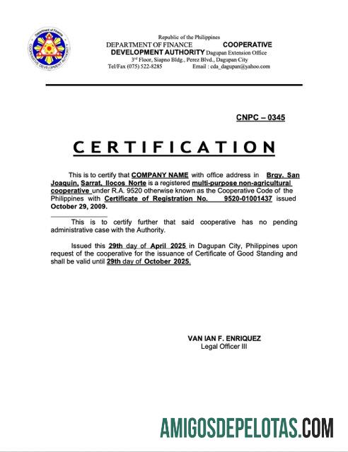 Certificado de boa reputação das Filipinas em branco, modelo Word e PDF, versão 3